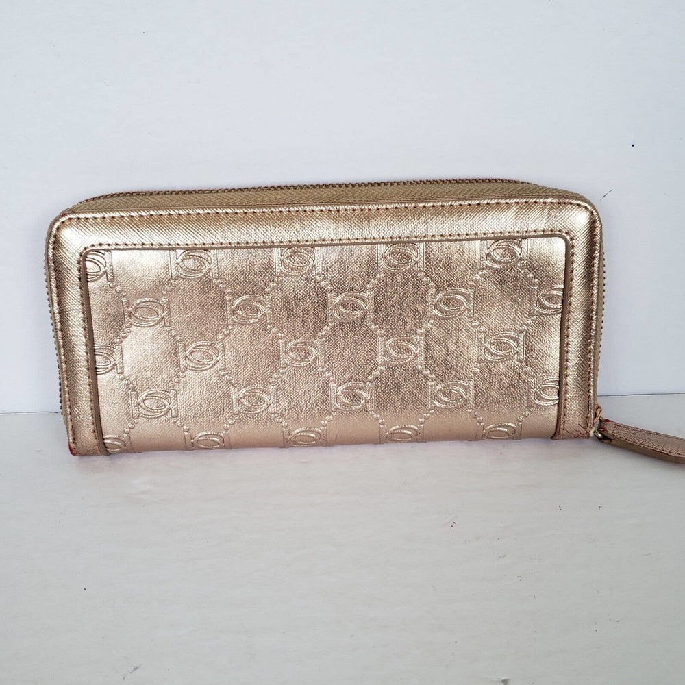BEBE Rose Gold Signature Zip Around Clutch Wallet Continental Large Long Metalic - Picture 3 of 9